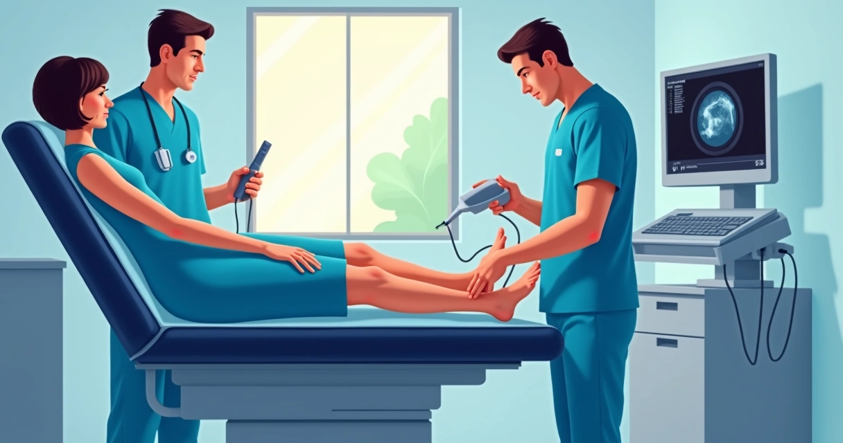 Paciente recebendo exame de ultrassom nas pernas, consultório com iluminação clara 