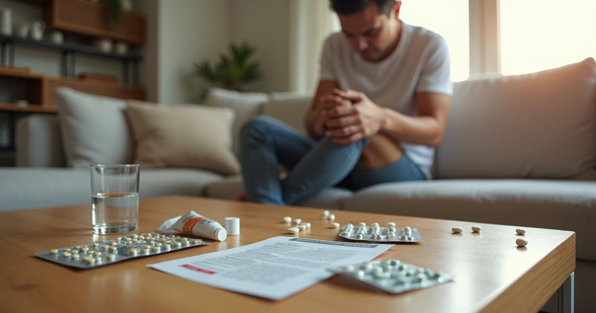Pessoa sentada no sofá com dor nas pernas e remédios sobre a mesa de centro 