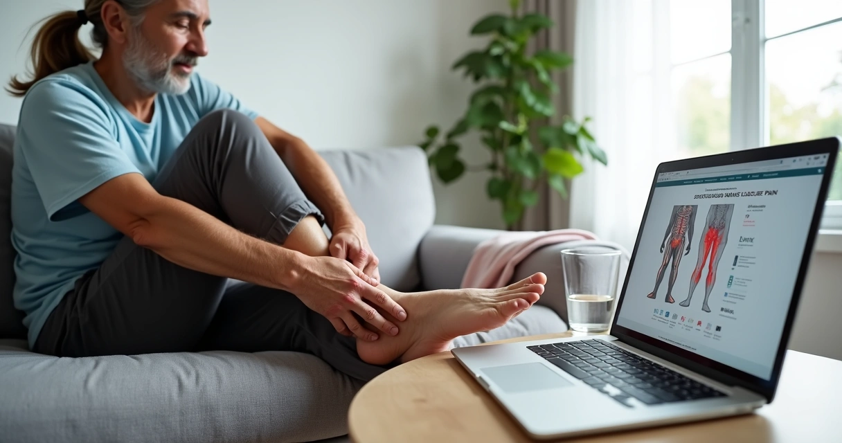 Pessoa sentada no sofá massageando a panturrilha dolorida enquanto pesquisa causas de dor nas pernas no notebook 