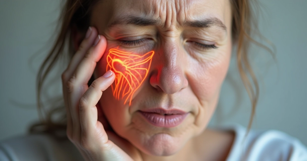 Pessoa com dor intensa em apenas um lado do rosto. 