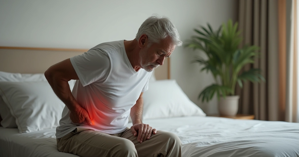 Homem sentado segurando a lombar com expressão de dor 