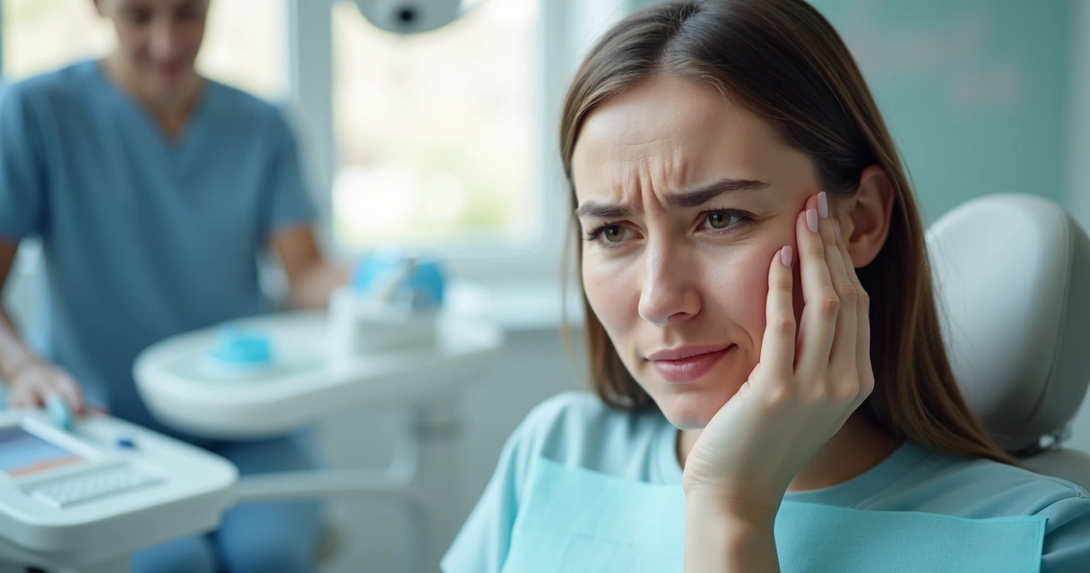 Paciente segurando o rosto com expressão de dor em consultório odontológico 