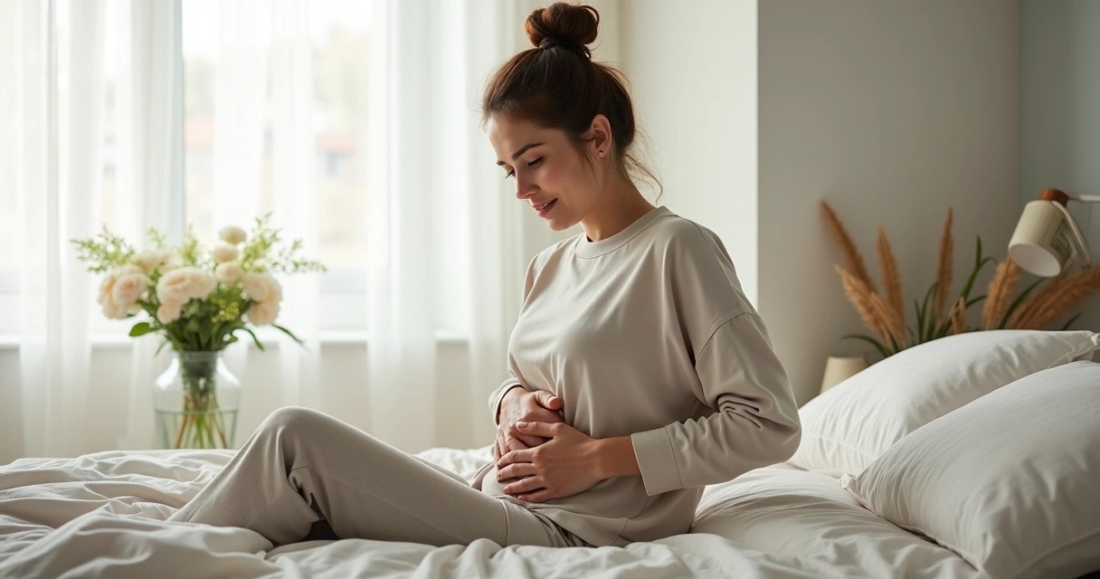 Mulher tocando o baixo ventre com expressão de desconforto