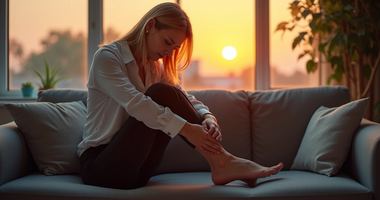 Mulher sentada massageando a perna, expressão de dor, final do dia, luz quente ao fundo
