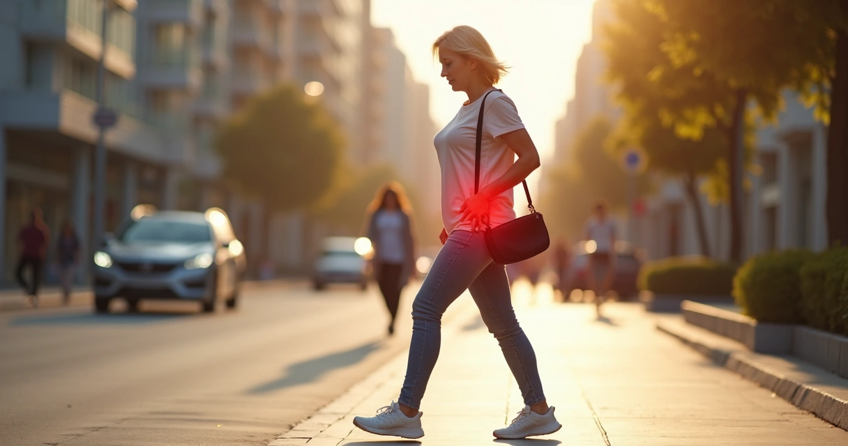 Mulher sentindo dor no quadril ao caminhar em avenida movimentada 