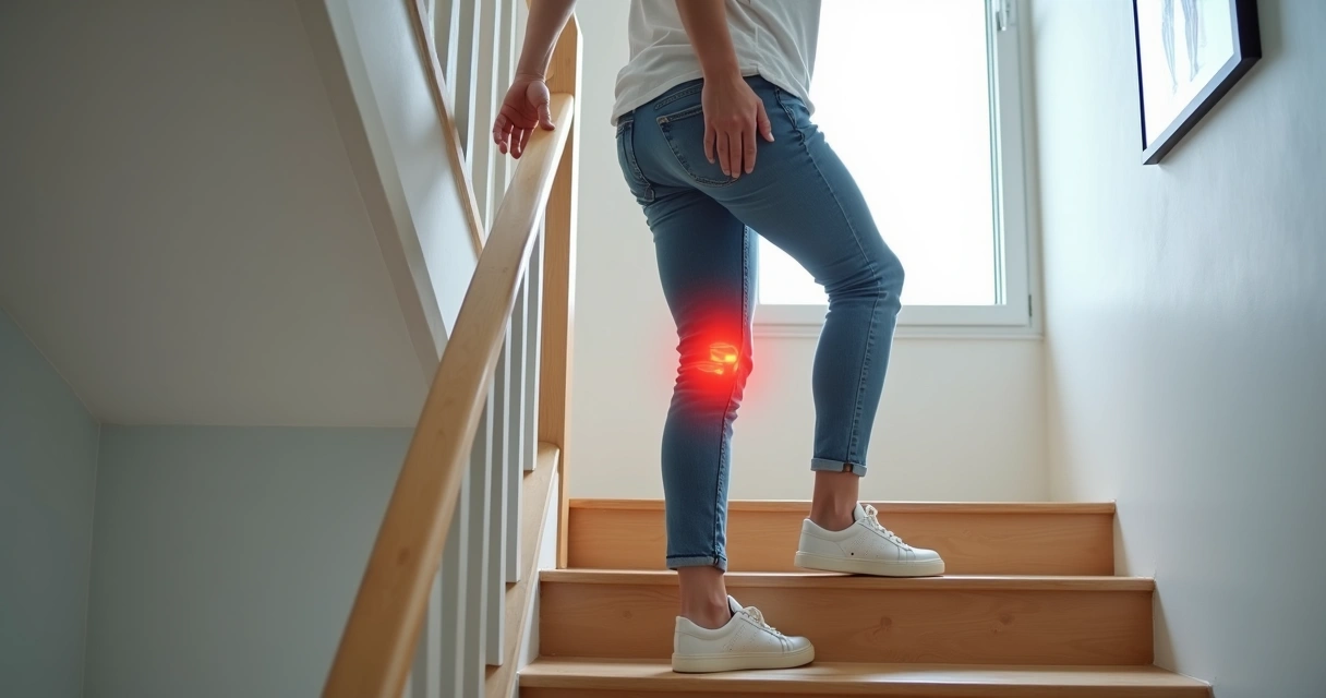 Adulto subindo escada dentro de casa tocando quadril e joelho ao mesmo tempo 