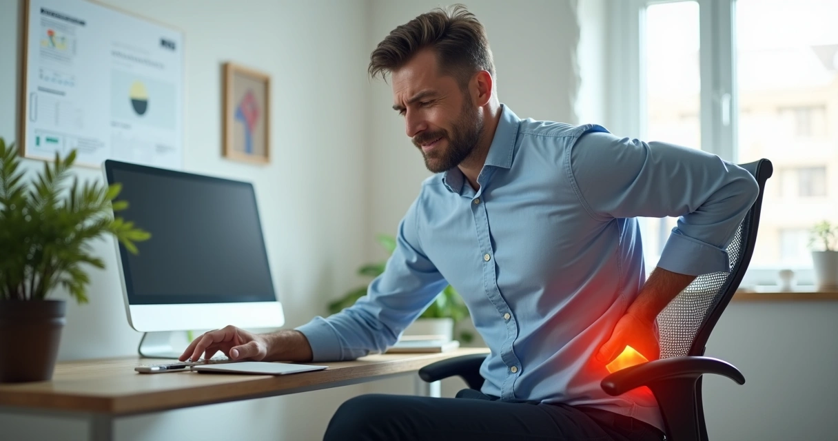 Homem sentado com expressão de dor segurando o quadril 