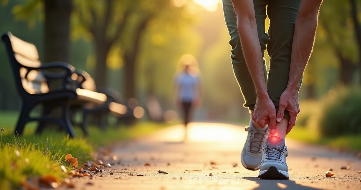 Pessoa madura segurando o tornozelo dolorido enquanto caminha em parque 