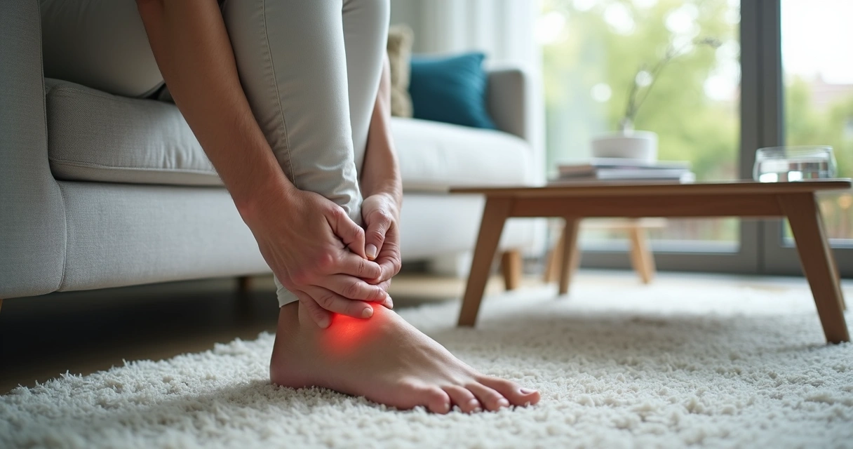 Pessoa madura sentada no sofá segurando o tornozelo com leve inchaço 
