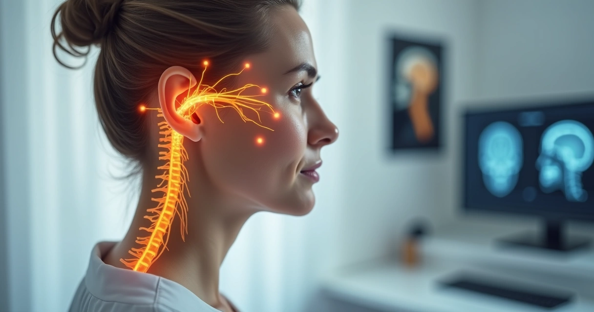 Rosto em close com destaque no trajeto do nervo trigêmeo em ilustração médica realista 