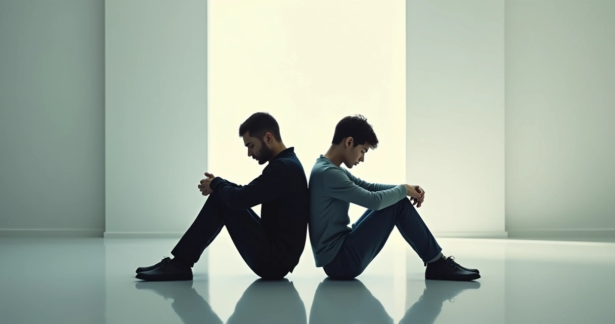 Duas pessoas de costas com distância entre elas, luz suave e expressões fechadas 