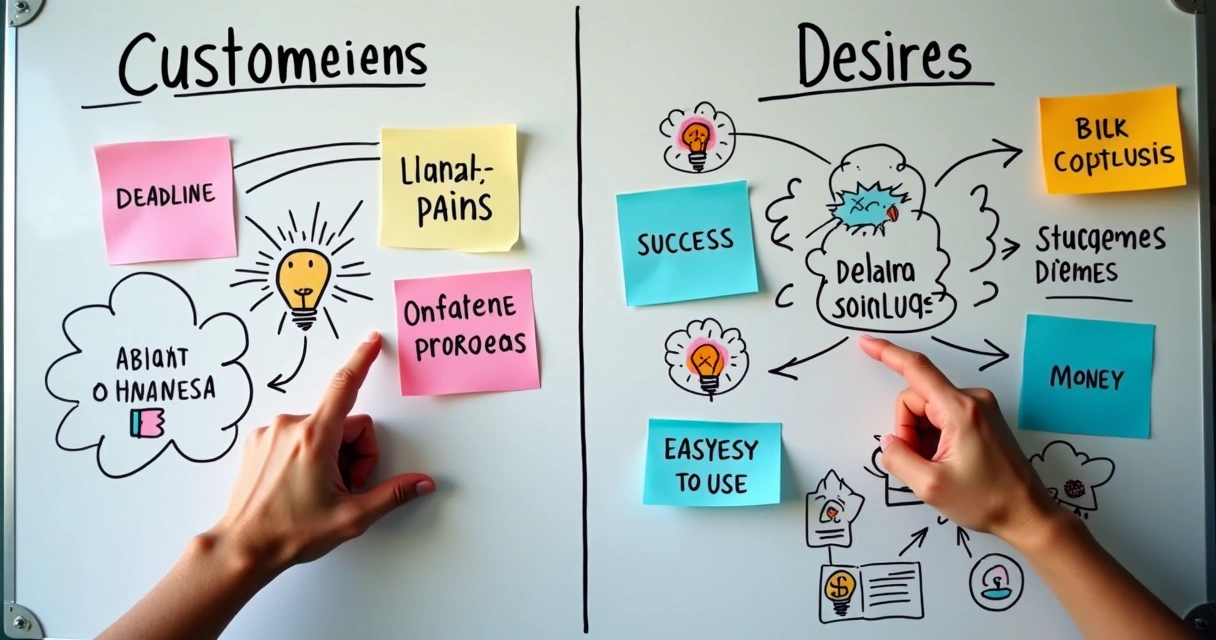 Ilustrações de desejos e dores do público digital em um quadro de ideias 