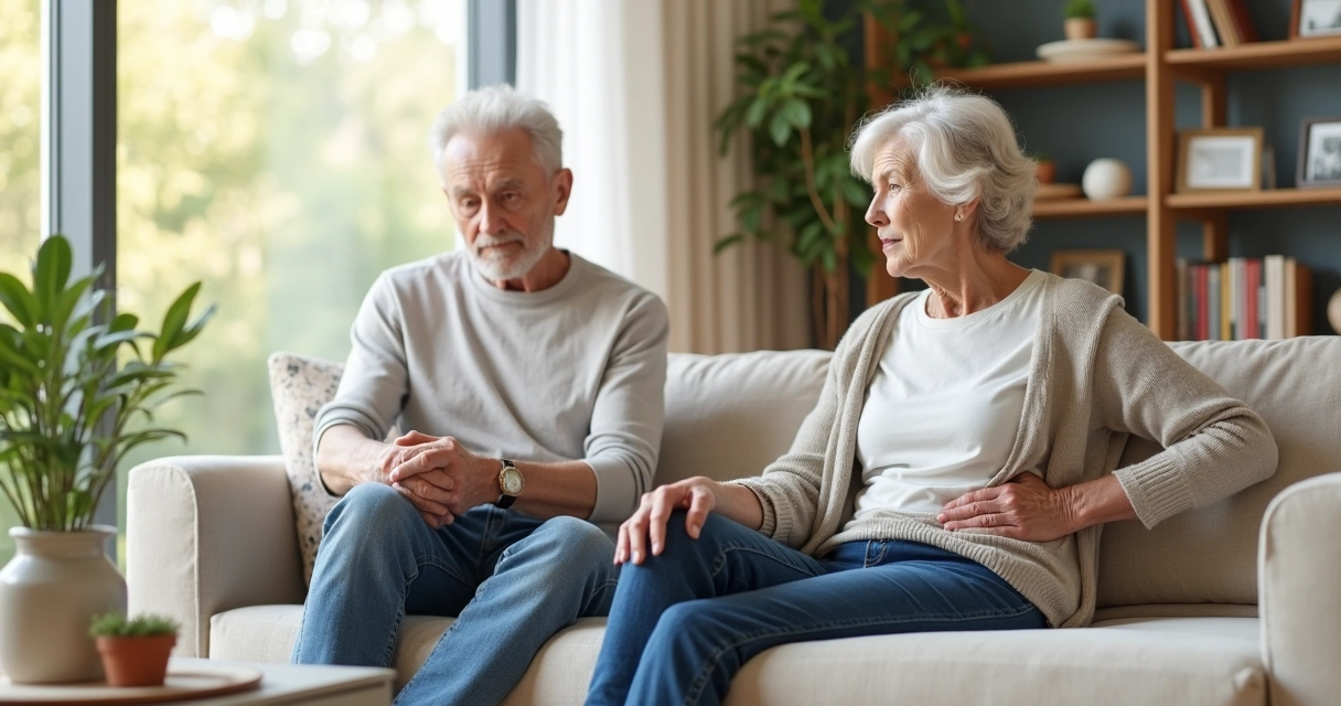 Casal maduro sentado no sofá, ambos segurando os joelhos com expressão leve de desconforto, ambiente iluminado com sala de estar moderna ao fundo 