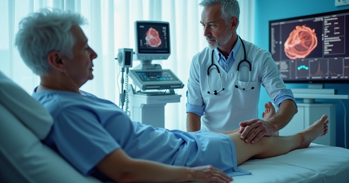 Vascular specialist performing ultrasound examination on the patient’s leg 