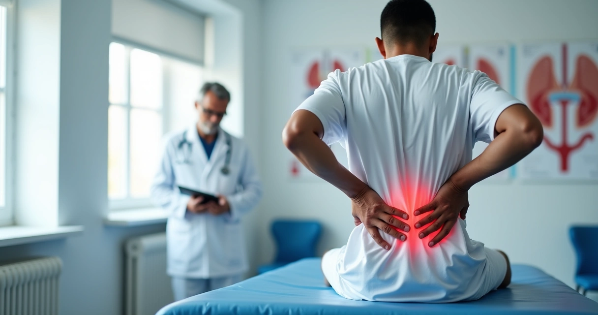 Homem sentado em uma maca de exame segurando a lombar com expressão de dor 