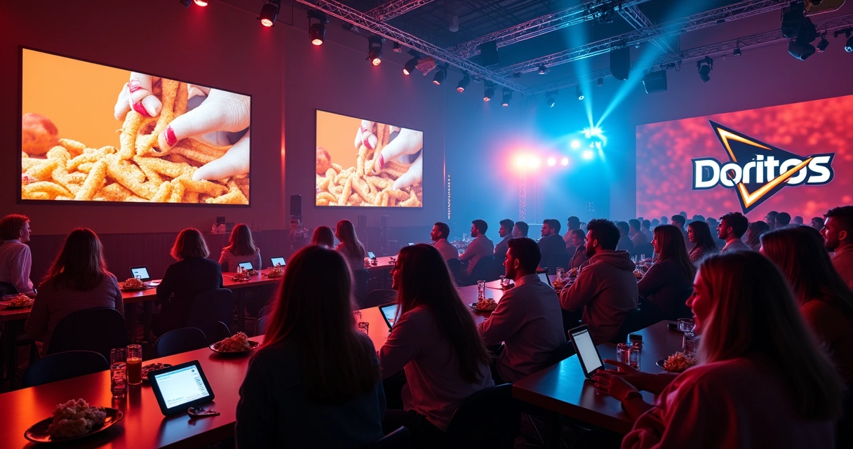 Fãs assistindo anúncios de Doritos Super Bowl em evento moderno