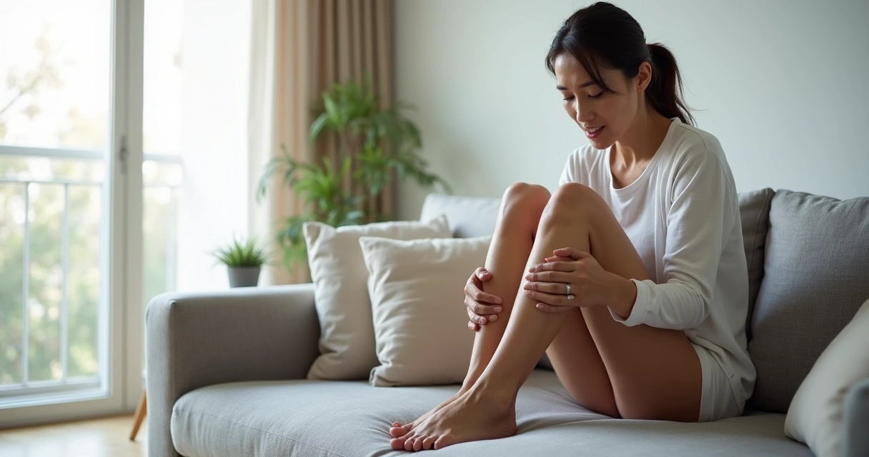 Mulher tocando a perna com sensação de dormência sentada no sofá 