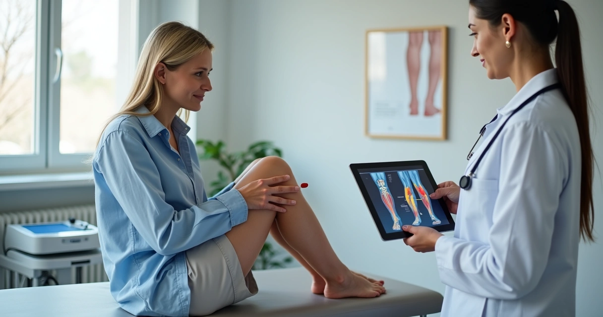 Pessoa em consultório apontando para mapa de sensações de dormência nas pernas em tablet 