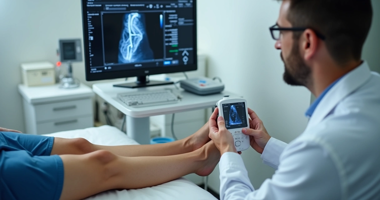 Médico avaliando perna de paciente com aparelho de ultrassom no consultório 