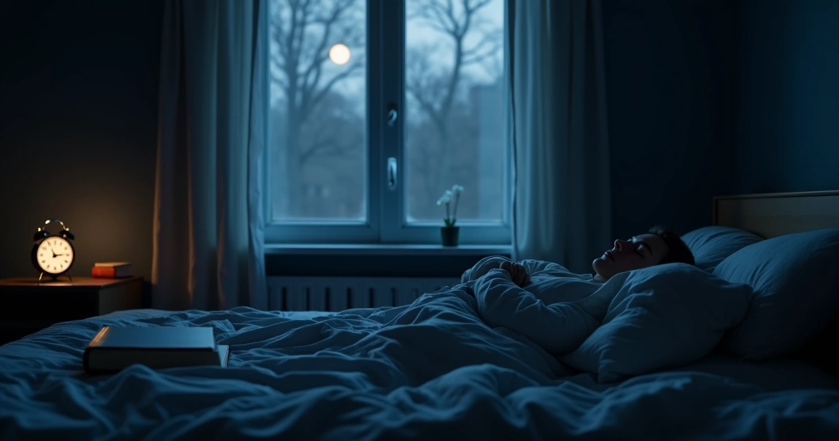 Quarto escuro com pessoa acordada deitada na cama 