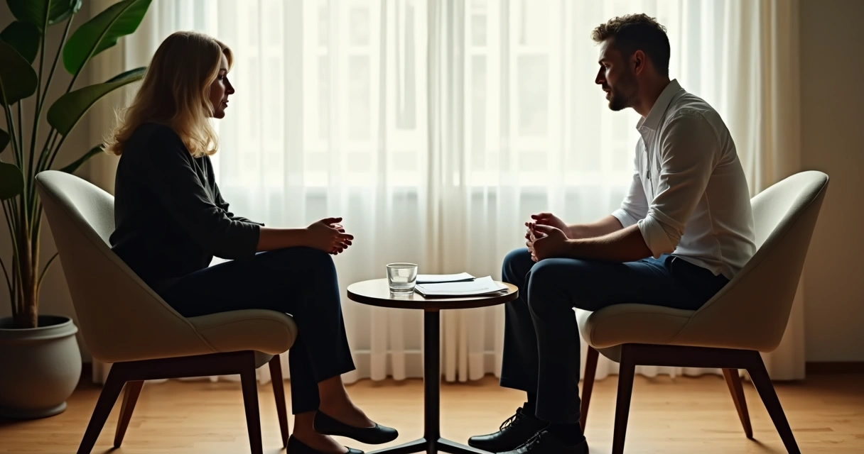 Dos personas sentadas frente a frente en sillas, conversando en un entorno relajado 