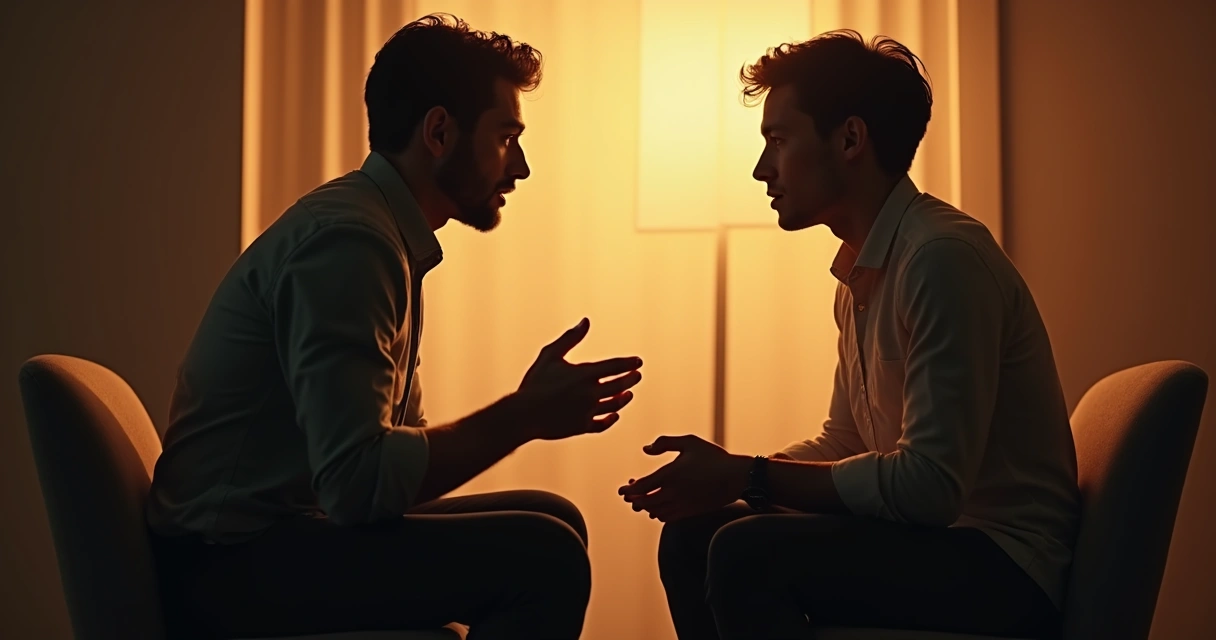 Dos personas sentadas conversando, una escuchando atentamente a la otra en un entorno tranquilo