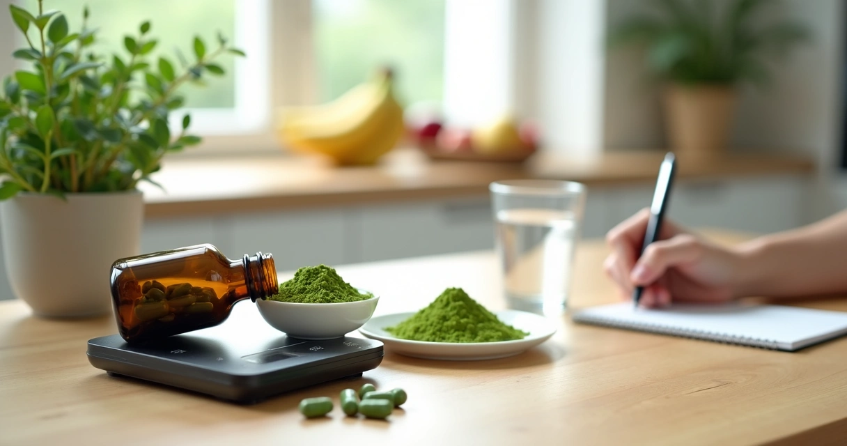 Pessoa medindo a dose diária de moringa em cápsulas e pó sobre uma bancada de cozinha 