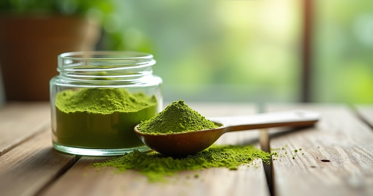 Colher medidora com pó de moringa sobre mesa de madeira 