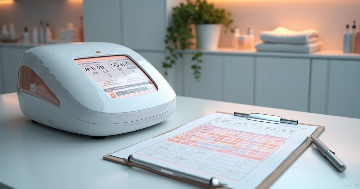 Tabla de dosis y equipo de aparatología estética en primer plano 