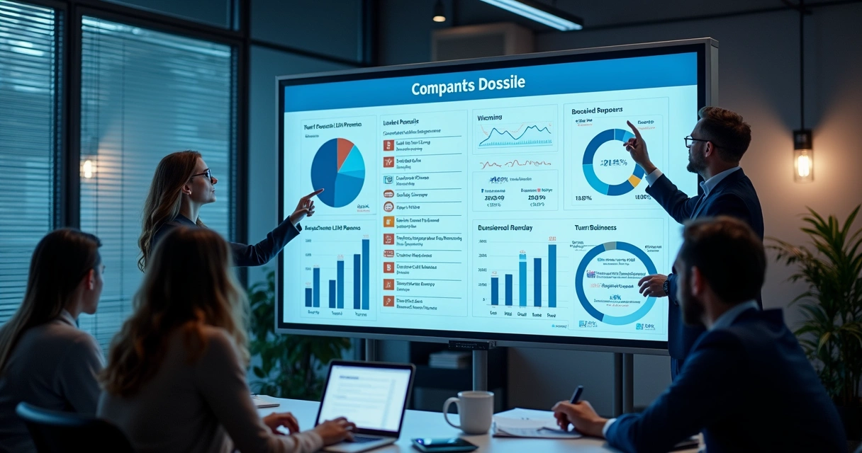 Tela de dossiê digital de empresa com campos preenchidos e gráficos 