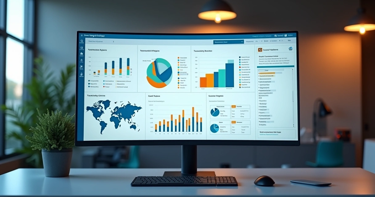Dossiê fiscal digital exibido em tela de computador com gráficos e relatórios organizados 