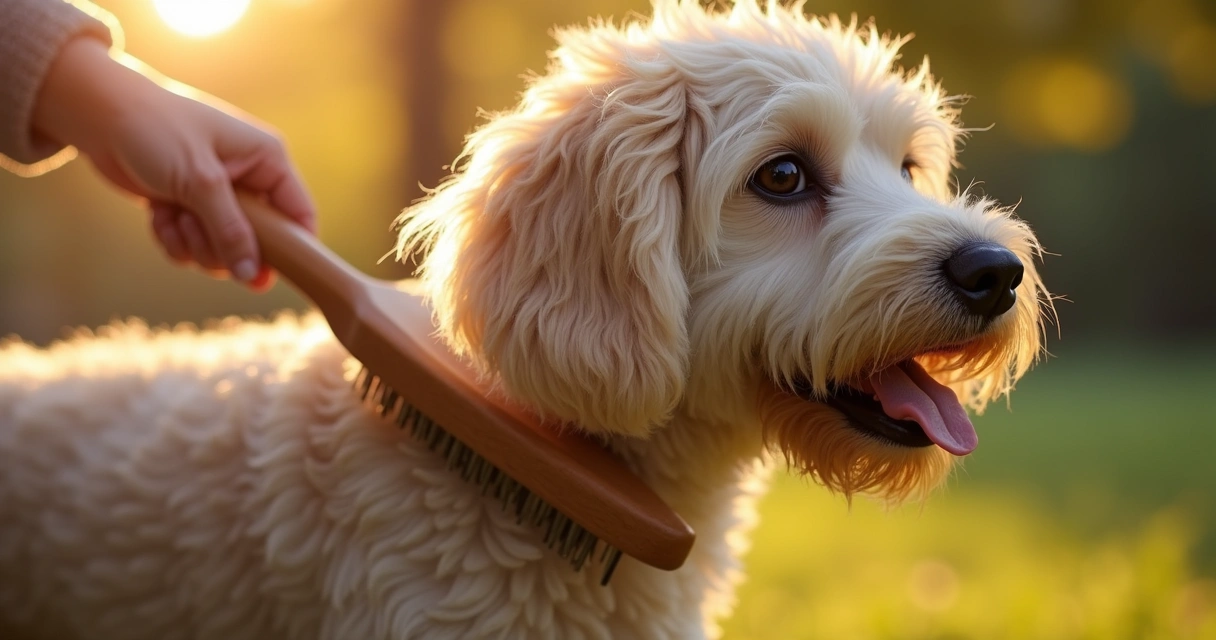 Double-coated dog being brushed outdoors on a sunny day 