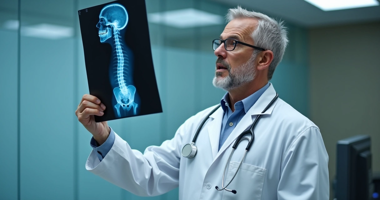 Médico analisa raio-x da coluna, expressão concentrada 