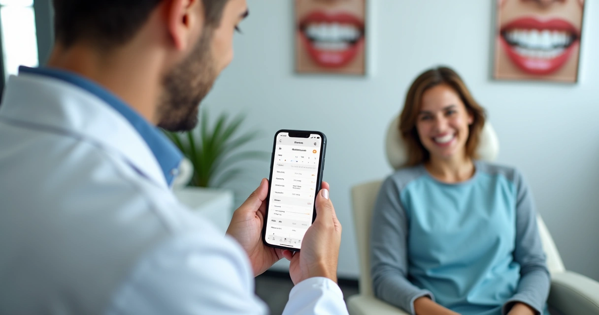 Dentista mostrando aplicativo para paciente sentado na cadeira