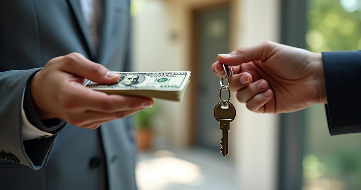 Hands exchanging stack of dollar bills for house keys 