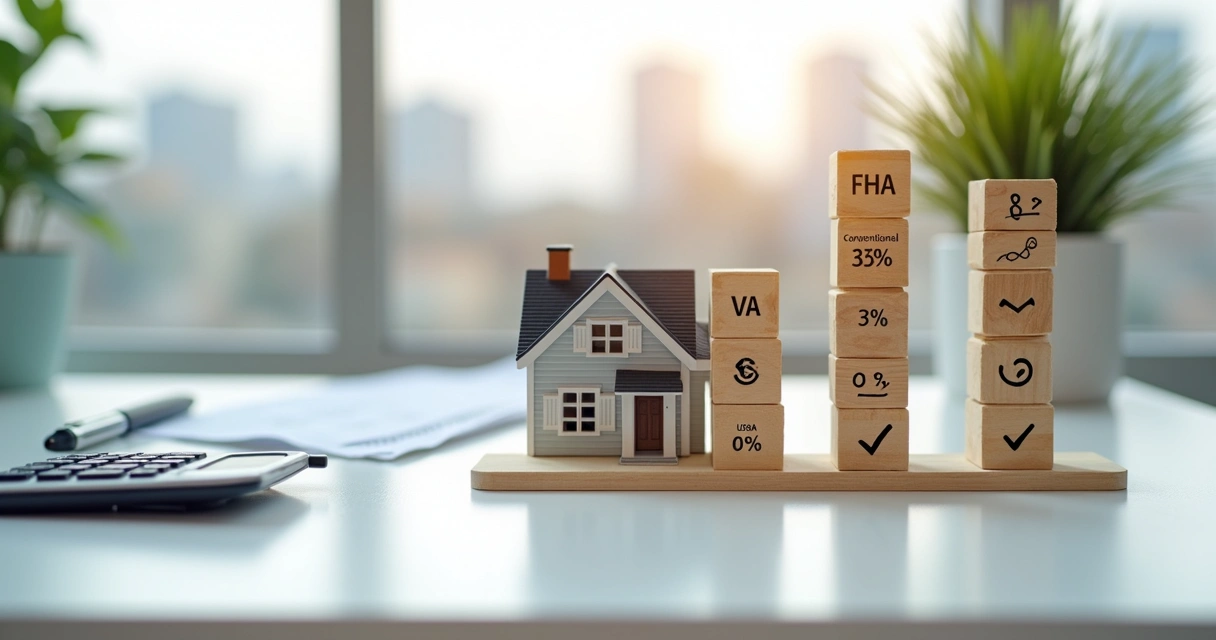 Down payment ladders showing different minimums beside a small house model 