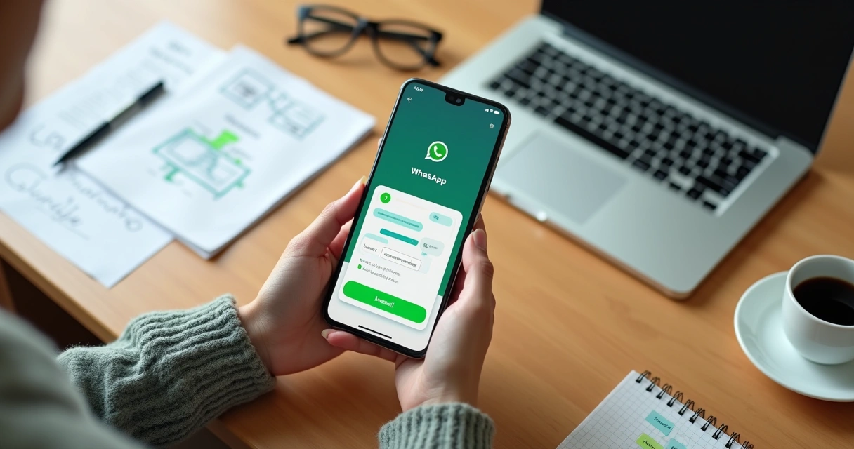 Empresária configura app de IA de atendimento no WhatsApp em smartphone sobre mesa de trabalho 