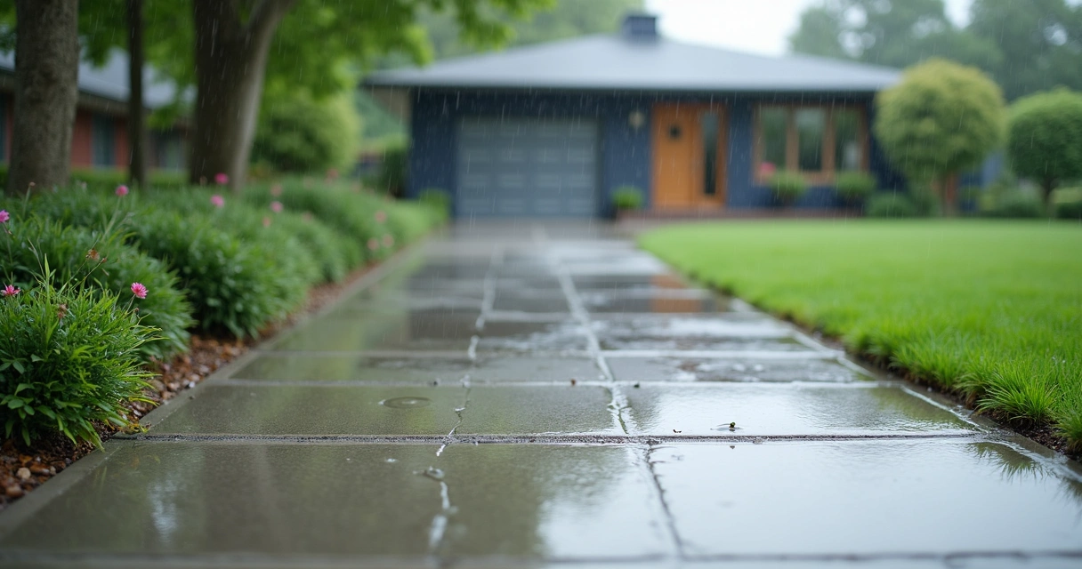 Concrete driveway with diverted downspouts for drainage