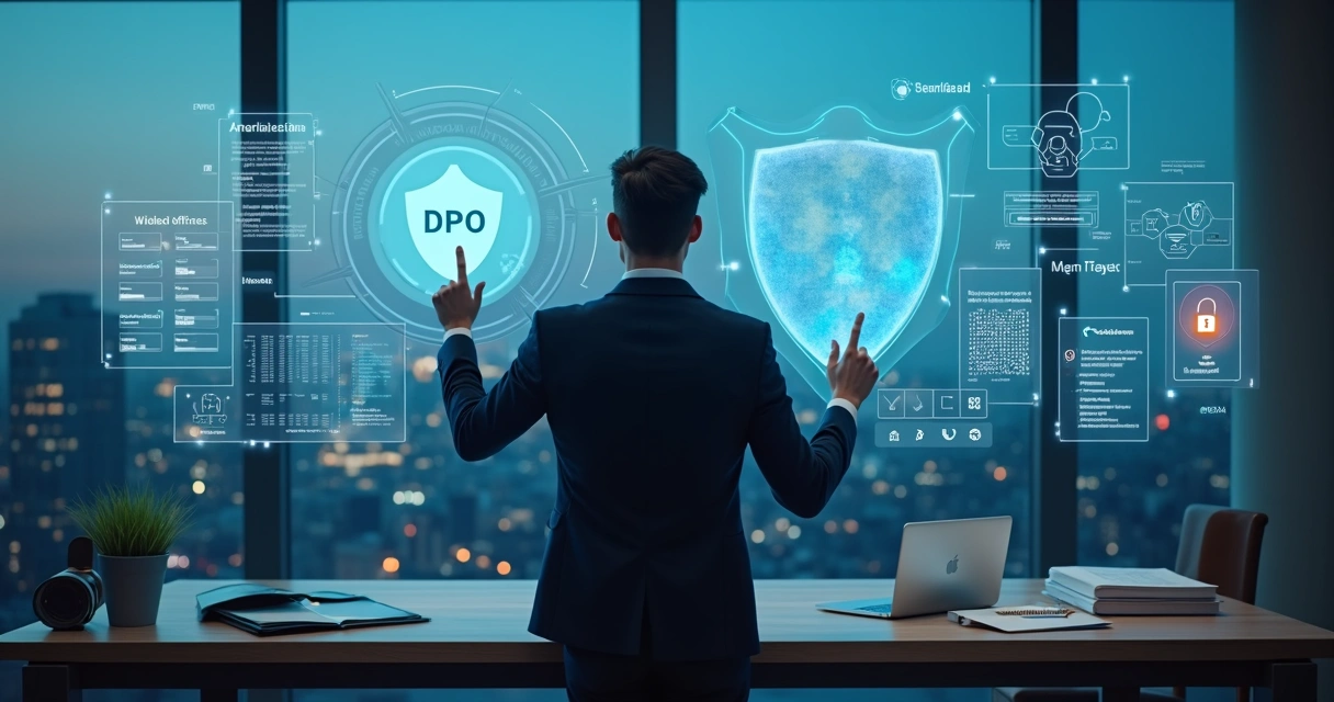 Profissional analisando painéis de dados e políticas de proteção de dados em escritório moderno 