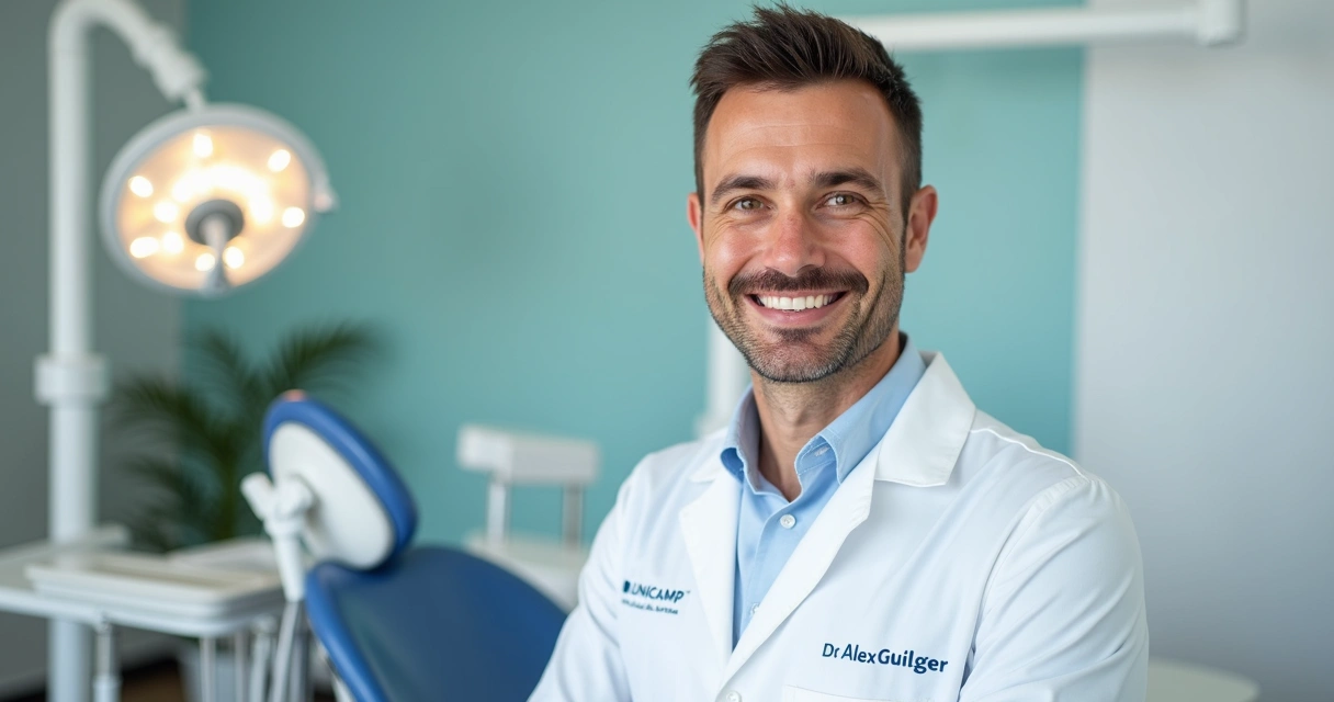 Dr. Alex Guilger sorrindo em consultório de odontologia moderno 