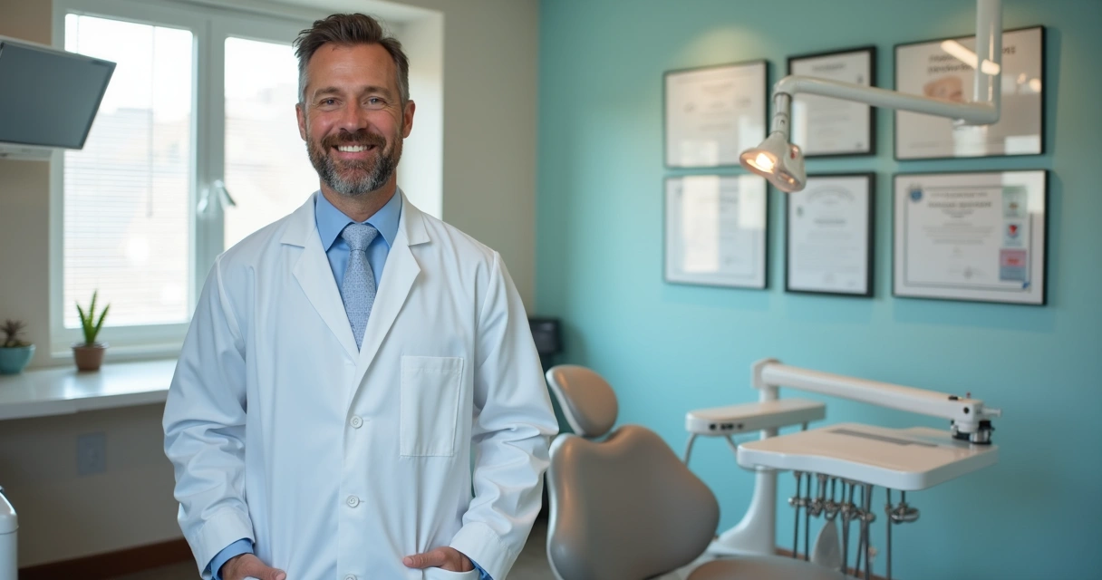 Dr. Alex Guilger sorrindo em consultório odontológico moderno