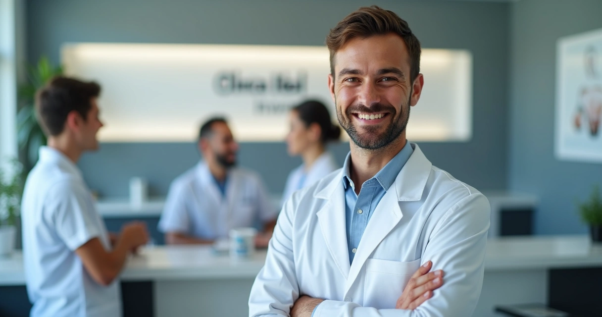 Dr. Alex Guilger orienta equipe em clínica odontológica moderna 