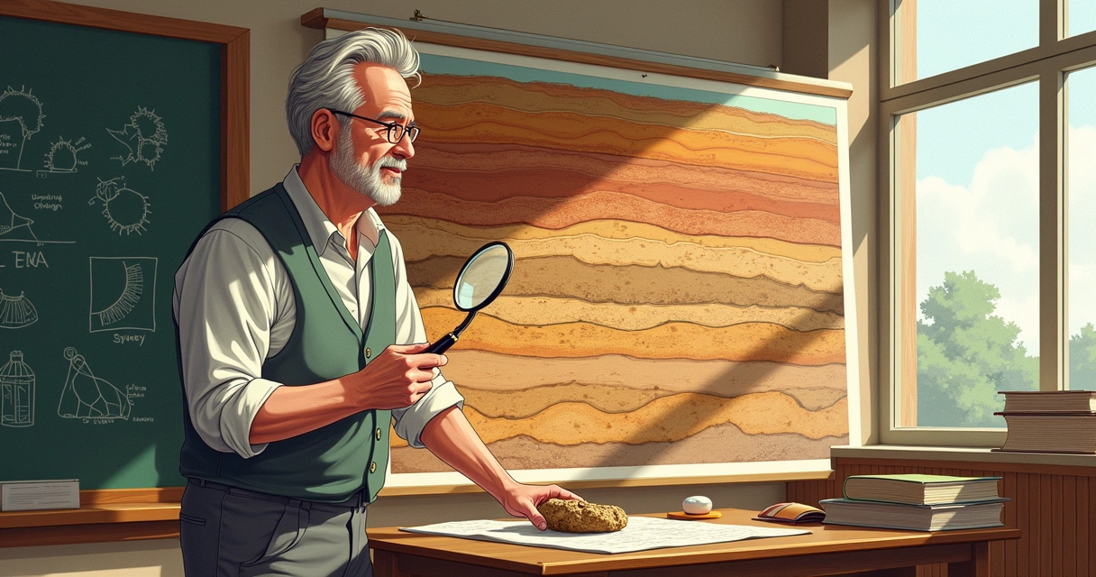 Dr. Andrew Snelling examining a geological map with a fossil on the table at the University of Sydney.