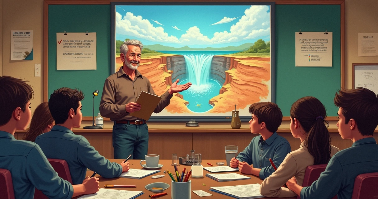 Dr. Larry Vardiman teaching in a classroom, displaying geological concepts and engaging with students.