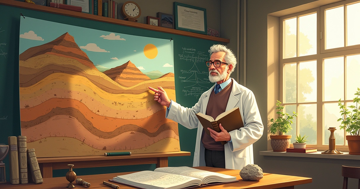 Dr. Larry Vardiman explaining geological layers, with geological map and diagrams in a scholarly setting.