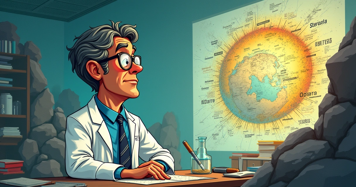 Dr. Steve Austin em laboratório, segurando rocha com anotações sobre criação da Terra ao fundo.
