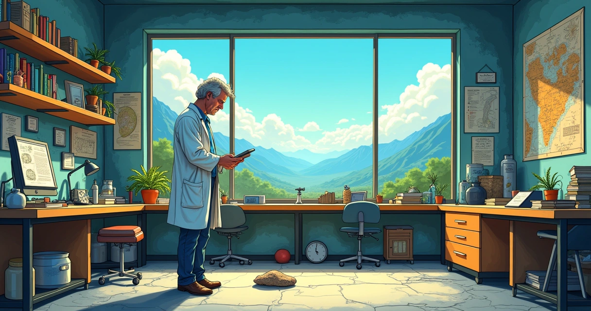 Dr. Steve Austin em laboratório com livros de geologia, analisando uma rocha e a conexão ciência-fé.