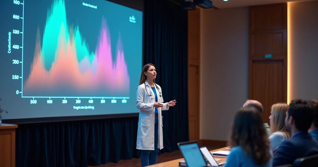 Médica brasileira em palestra internacional sobre menopausa, projetor exibindo gráfico hormonal 