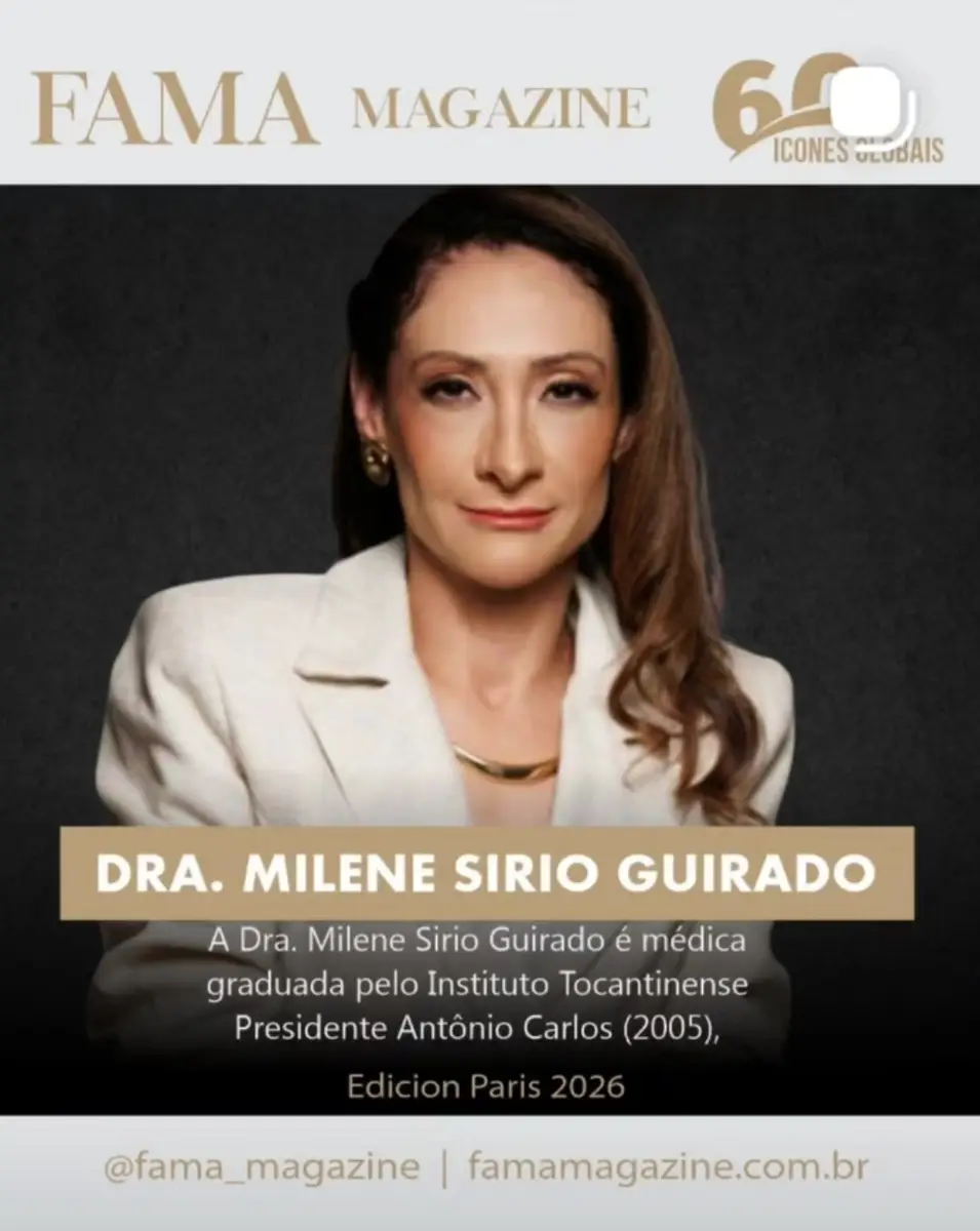 Retrato de Dra. Milene Sirio Guirado em fundo preto usando blazer branco