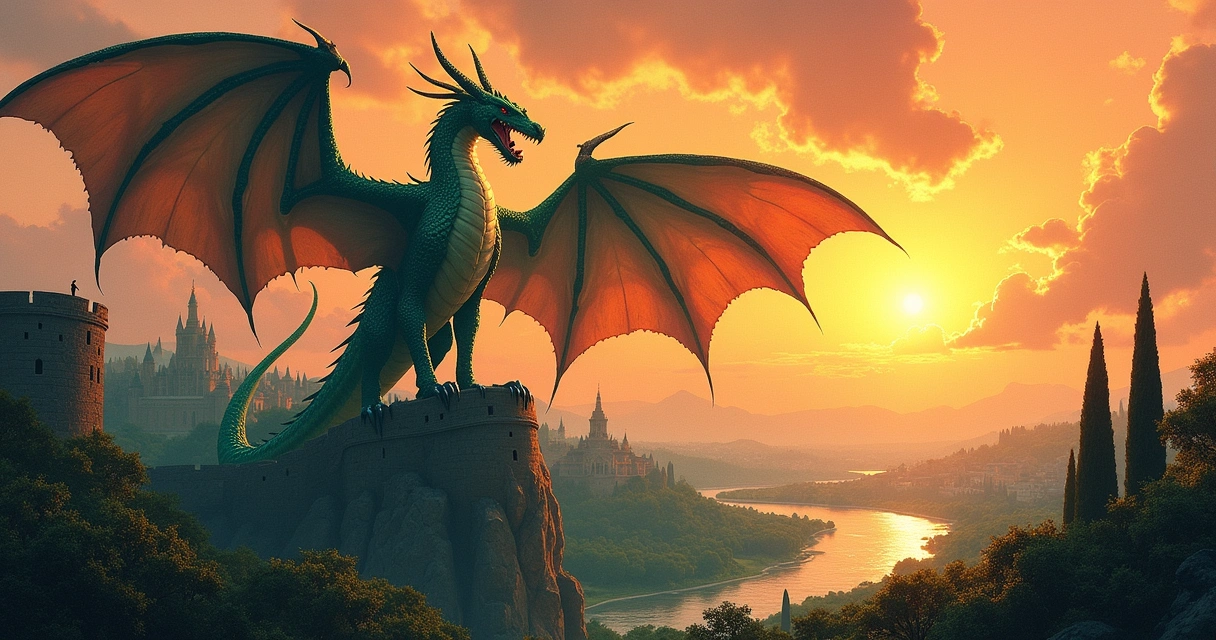 Dragão majestoso voando sobre uma cidade antiga, com florestas e um rio ao fundo, sob um céu ao pôr do sol.